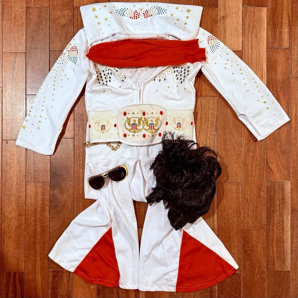 Child Boy Kid 1970s 70s ELVIS Costume Jumpsuit Scarf Belt Glasses Wig Sz‎ L 12